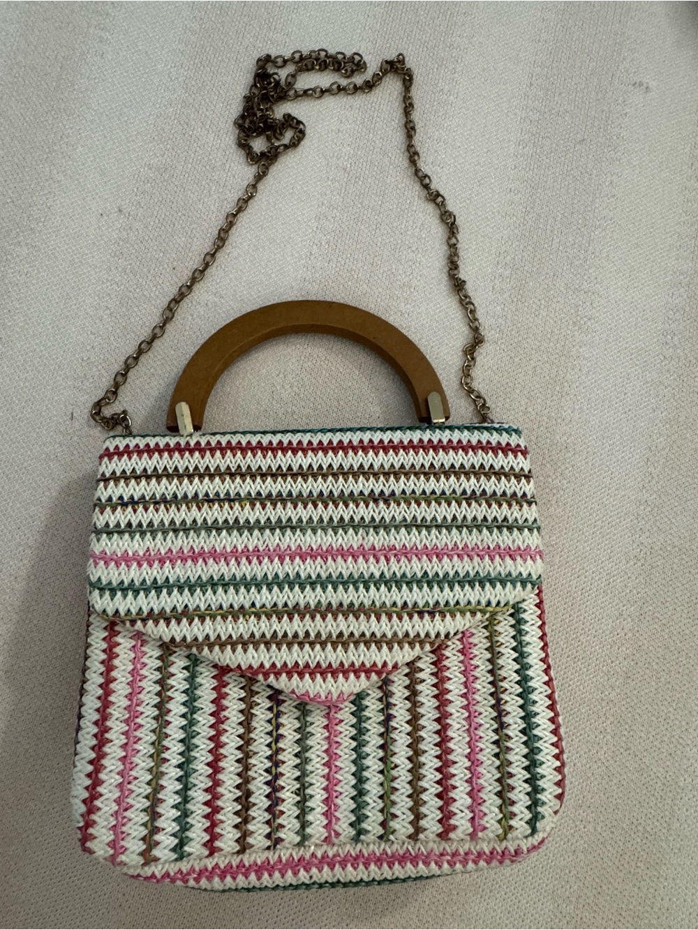 Multicolor Woven Straw Shoulder Bag with Wooden Handle